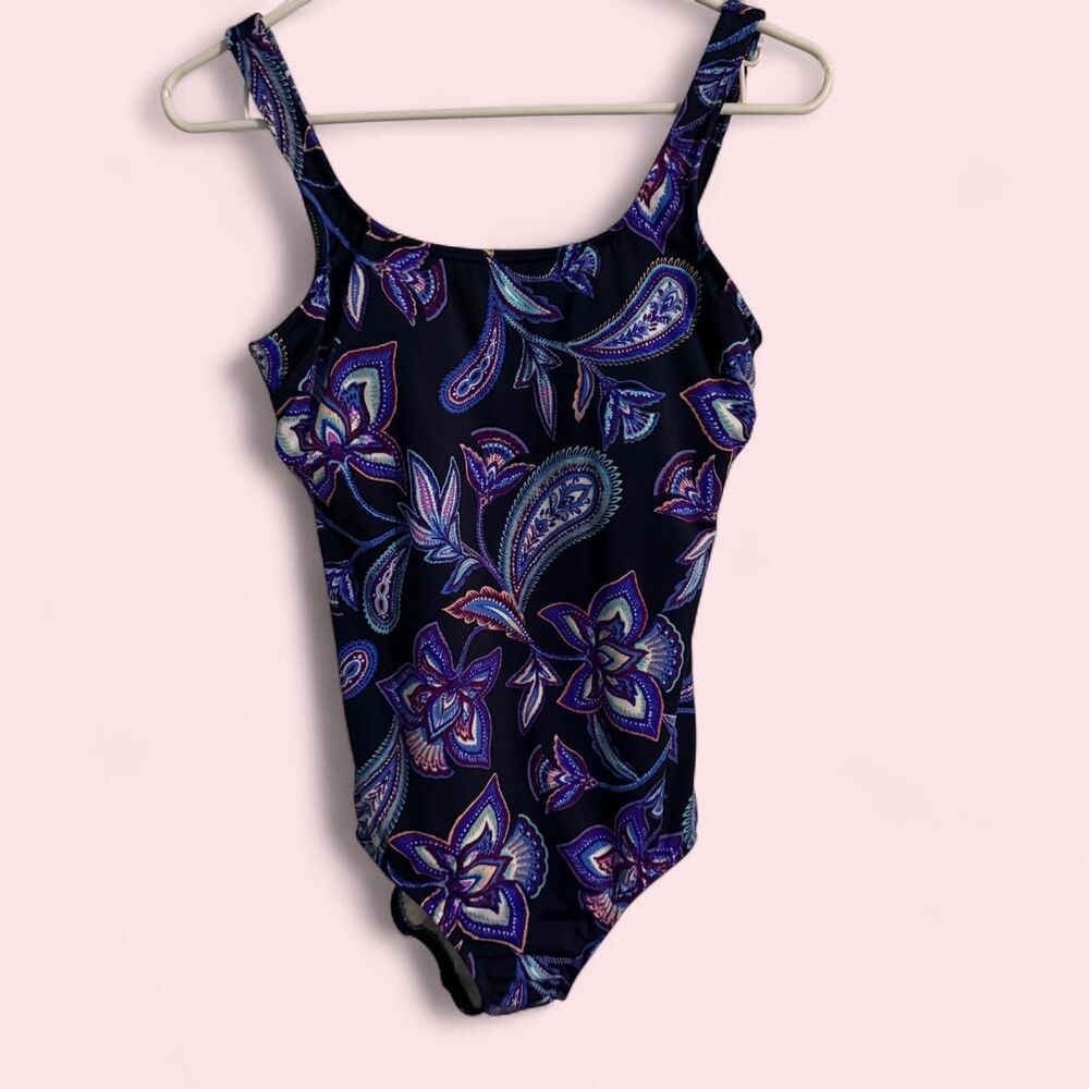Vintage Lands End Deep Sea Paisley One Piece Swimsuit Navy Blue Purple Size 8